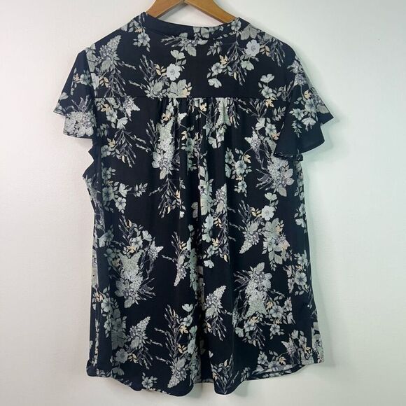 Cocomo Woman Black Floral Blouse 2X Button Front Ruffle Sleeve Lightweight Top - Picture 7 of 10